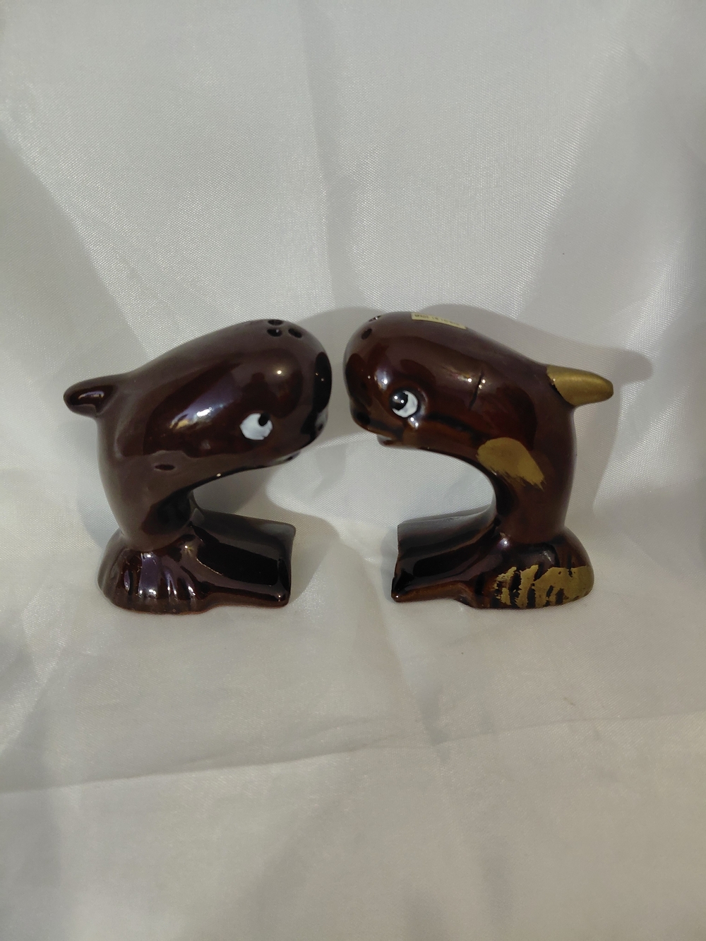 Source Unknown Brown Ceramic Whales  Salt & Pepper Shaker Set with Gold Accents
